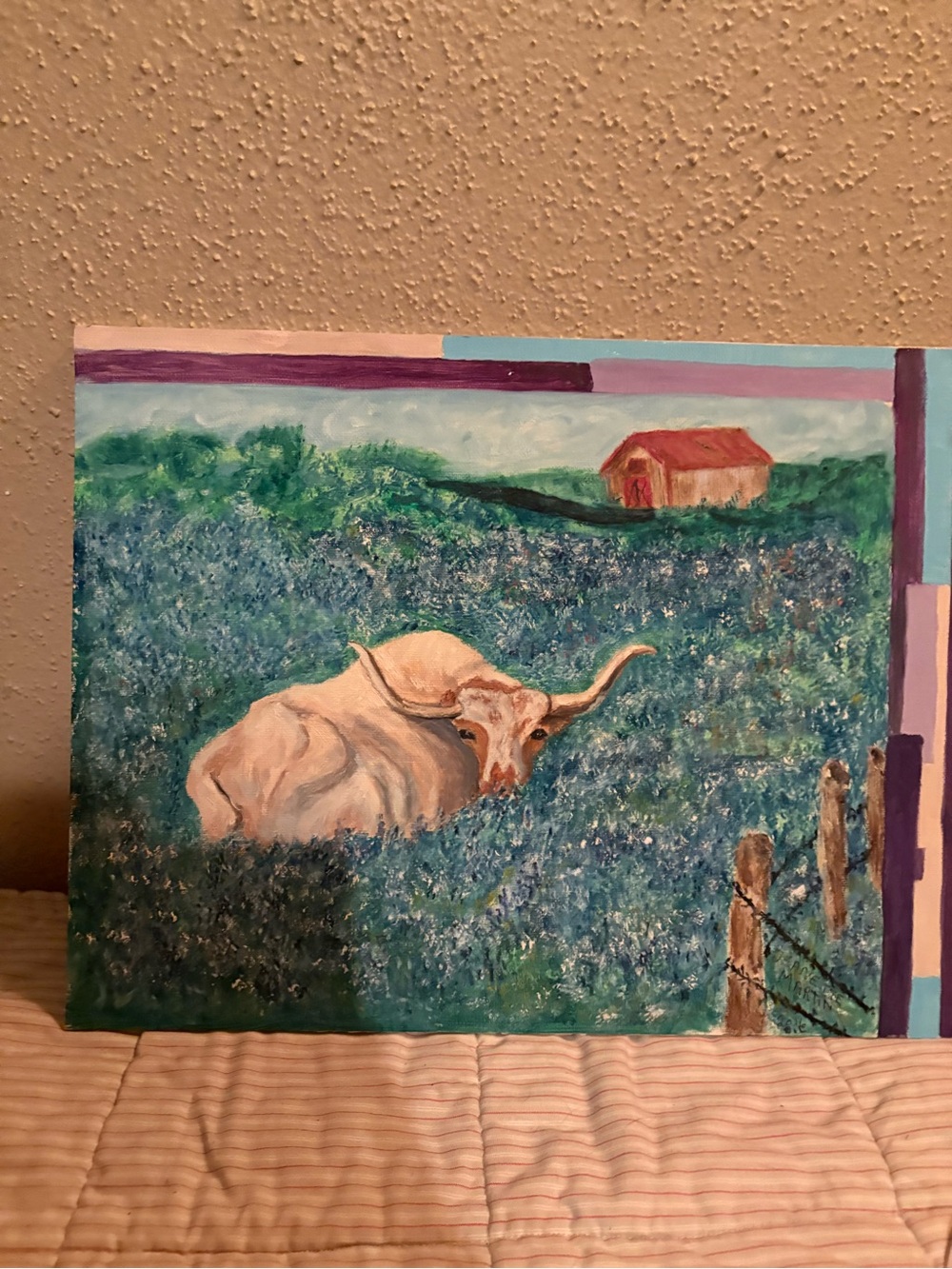 Oil Painting of White Longhorn in Blue Field